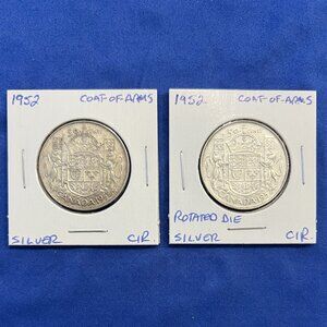 Rare Set of 2 Variant 1952 Canada Half Dollar Silver Coins!
